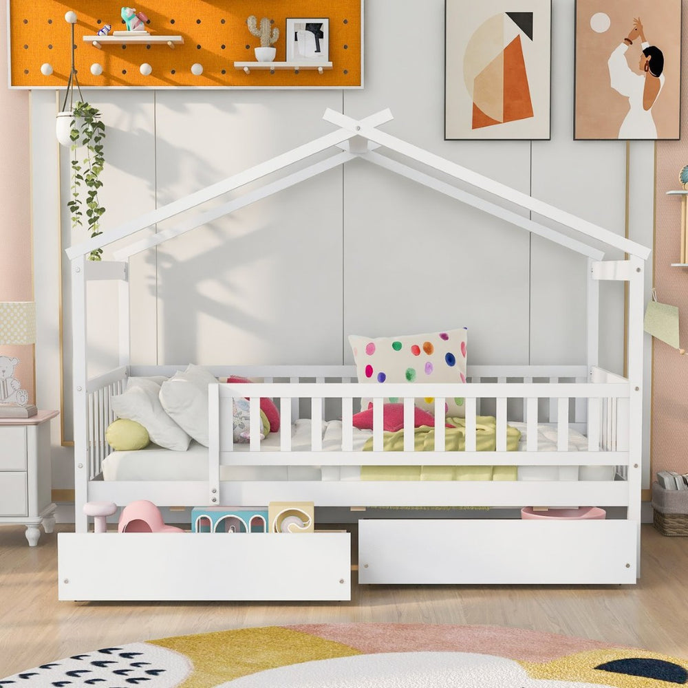 English Elm Twin House Bed Pine Wood Frame with Storage Drawers Kids Bedroom Playful Design WF302181AAK