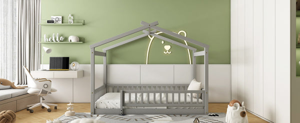 English Elm Full Size Pine Playhouse Bed with Roofline and Fence Rails for Kids Bedroom Gray WF302177AAE