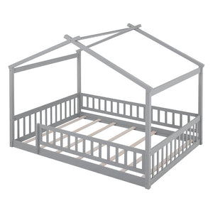 English Elm Full Size Pine Playhouse Bed with Roofline and Fence Rails for Kids Bedroom Gray WF302177AAE