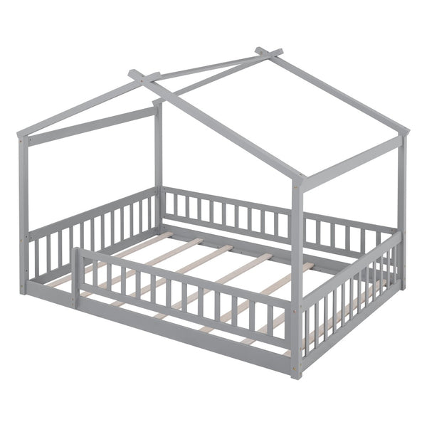 English Elm Full Size Pine Playhouse Bed with Roofline and Fence Rails for Kids Bedroom Gray WF302177AAE