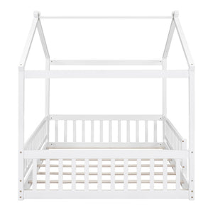 English Elm Full Size Pine Playhouse Bed with Roofline and Fence Rails for Kids Bedroom White WF302177AAK