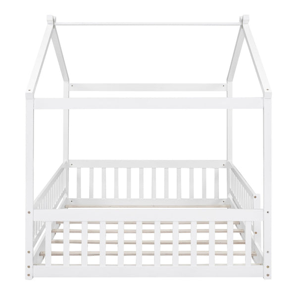 English Elm Full Size Pine Playhouse Bed with Roofline and Fence Rails for Kids Bedroom White WF302177AAK