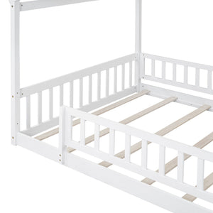 English Elm Full Size Pine Playhouse Bed with Roofline and Fence Rails for Kids Bedroom White WF302177AAK