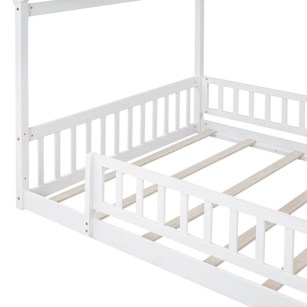 English Elm Full Size Pine Playhouse Bed with Roofline and Fence Rails for Kids Bedroom White WF302177AAK