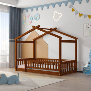 English Elm Twin Solid Pine House Bed Playhouse Frame with Fence Rail for Kids Rooms Walnut WF302176AAL