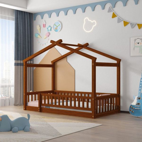 English Elm Twin Solid Pine House Bed Playhouse Frame with Fence Rail for Kids Rooms Walnut WF302176AAL