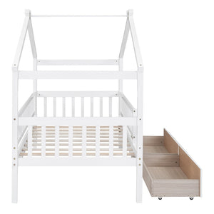 English Elm Twin House Bed Pine Wood Frame with Storage Drawers Kids Bedroom Playful Design WF302181AAK
