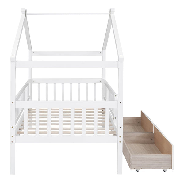 English Elm Twin House Bed Pine Wood Frame with Storage Drawers Kids Bedroom Playful Design WF302181AAK