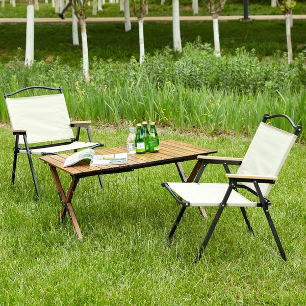 English Elm 3-piece Folding Aluminum Camping Table Set with Oxford Cloth Chairs for Outdoor Use W241S00040