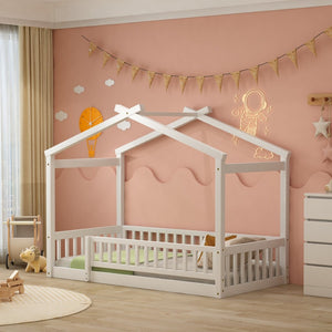 English Elm Twin Solid Pine House Bed Playhouse Frame with Fence Rail for Kids Rooms WF302176AAK