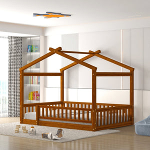 English Elm Full Size Pine Playhouse Bed with Roofline and Fence Rails for Kids Bedroom Walnut WF302177AAL