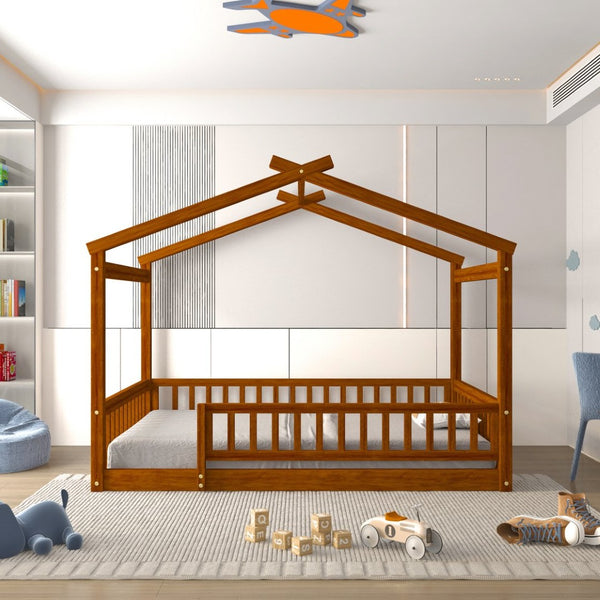 English Elm Full Size Pine Playhouse Bed with Roofline and Fence Rails for Kids Bedroom Walnut WF302177AAL