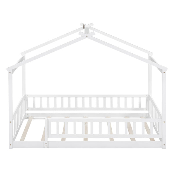 English Elm Twin Solid Pine House Bed Playhouse Frame with Fence Rail for Kids Rooms WF302176AAK