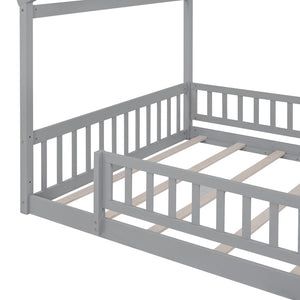 English Elm Full Size Pine Playhouse Bed with Roofline and Fence Rails for Kids Bedroom Gray WF302177AAE