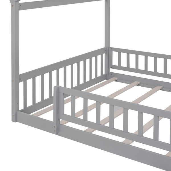 English Elm Full Size Pine Playhouse Bed with Roofline and Fence Rails for Kids Bedroom Gray WF302177AAE