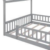 Hearth and Haven Full Size Wood Bed House Bed Frame with Fence, For Kids, Teens, Girls, Boys, Gray WF302177AAE