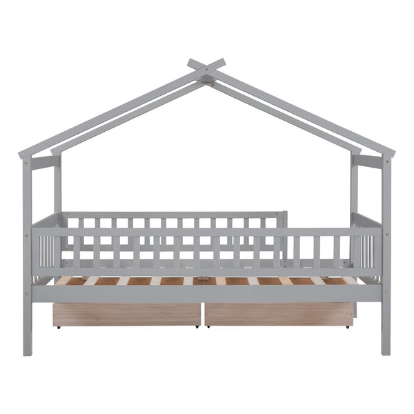 English Elm Twin House Bed Pine Wood Frame with Storage Drawers Kids Bedroom Playful Design Gray WF302181AAE