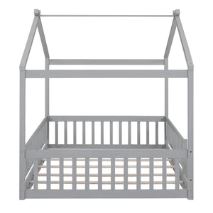 English Elm Full Size Pine Playhouse Bed with Roofline and Fence Rails for Kids Bedroom Gray WF302177AAE