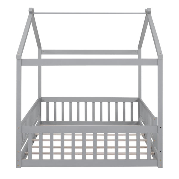English Elm Full Size Pine Playhouse Bed with Roofline and Fence Rails for Kids Bedroom Gray WF302177AAE
