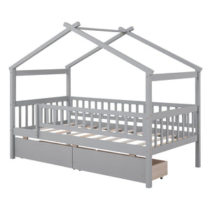 English Elm Twin House Bed Pine Wood Frame with Storage Drawers Kids Bedroom Playful Design Gray WF302181AAE