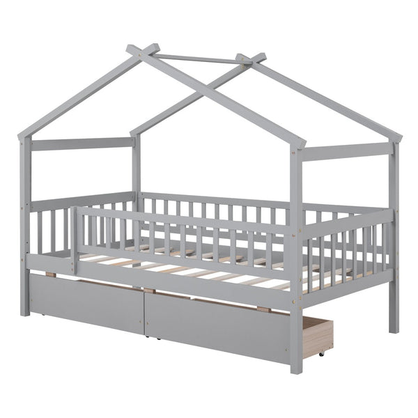 English Elm Twin House Bed Pine Wood Frame with Storage Drawers Kids Bedroom Playful Design Gray WF302181AAE