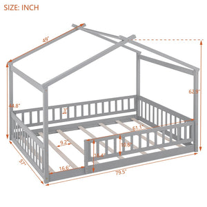 English Elm Full Size Pine Playhouse Bed with Roofline and Fence Rails for Kids Bedroom Gray WF302177AAE