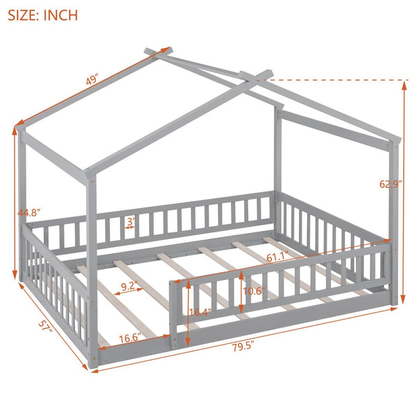 English Elm Full Size Pine Playhouse Bed with Roofline and Fence Rails for Kids Bedroom Gray WF302177AAE