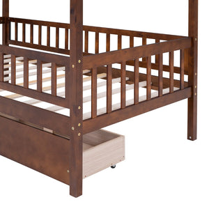 English Elm Twin House Bed Pine Wood Frame with Storage Drawers Kids Bedroom Playful Design Walnut WF302181AAL