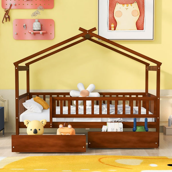English Elm Twin House Bed Pine Wood Frame with Storage Drawers Kids Bedroom Playful Design Walnut WF302181AAL