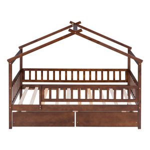 English Elm Twin House Bed Pine Wood Frame with Storage Drawers Kids Bedroom Playful Design Walnut WF302181AAL