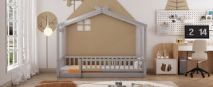 English Elm Twin Solid Pine House Bed Playhouse Frame with Fence Rail for Kids Rooms Gray WF302176AAE