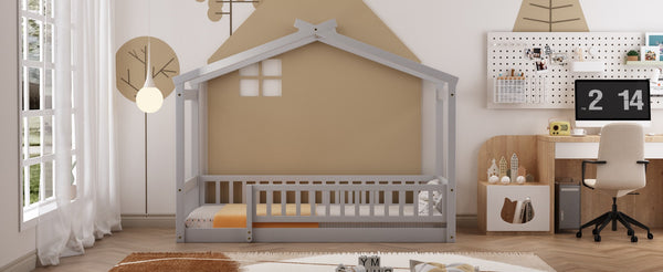 English Elm Twin Solid Pine House Bed Playhouse Frame with Fence Rail for Kids Rooms Gray WF302176AAE