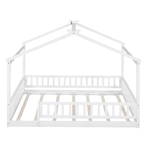 English Elm Full Size Pine Playhouse Bed with Roofline and Fence Rails for Kids Bedroom White WF302177AAK