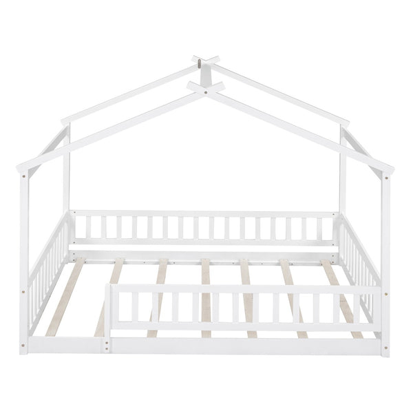 English Elm Full Size Pine Playhouse Bed with Roofline and Fence Rails for Kids Bedroom White WF302177AAK