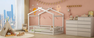 English Elm Twin Solid Pine House Bed Playhouse Frame with Fence Rail for Kids Rooms WF302176AAK