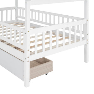 English Elm Twin House Bed Pine Wood Frame with Storage Drawers Kids Bedroom Playful Design WF302181AAK