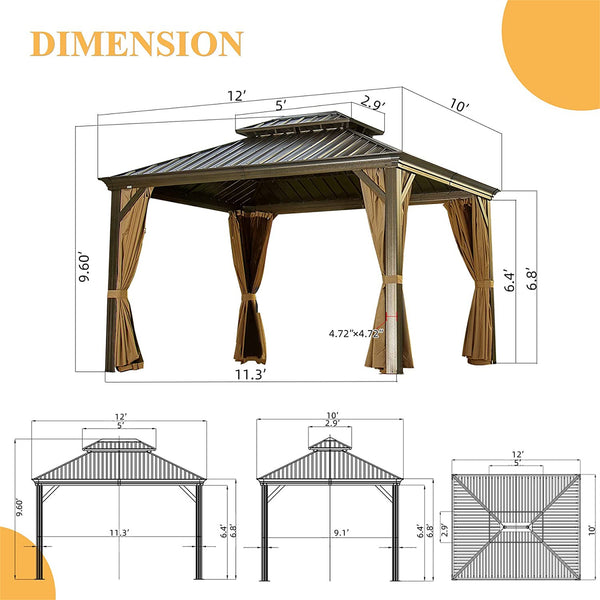 English Elm Hardtop Outdoor Aluminum Gazebo With Galvanized Steel Canopy, Curtains & Netting For Patios W1859S00002