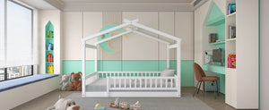 English Elm Full Size Pine Playhouse Bed with Roofline and Fence Rails for Kids Bedroom White WF302177AAK