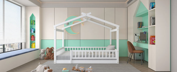 English Elm Full Size Pine Playhouse Bed with Roofline and Fence Rails for Kids Bedroom White WF302177AAK