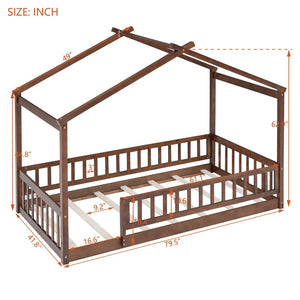 English Elm Twin Solid Pine House Bed Playhouse Frame with Fence Rail for Kids Rooms Walnut WF302176AAL