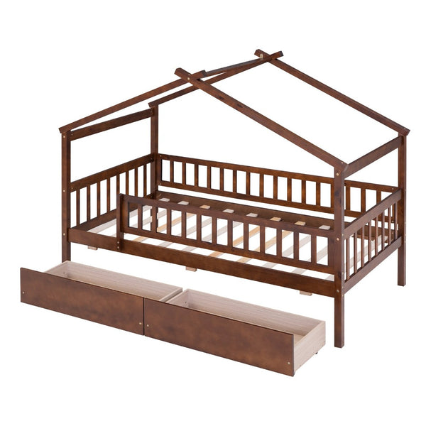 English Elm Twin House Bed Pine Wood Frame with Storage Drawers Kids Bedroom Playful Design Walnut WF302181AAL