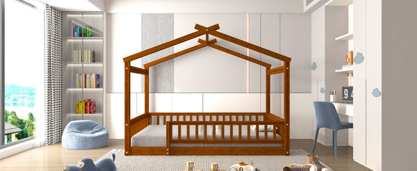 English Elm Full Size Pine Playhouse Bed with Roofline and Fence Rails for Kids Bedroom Walnut WF302177AAL
