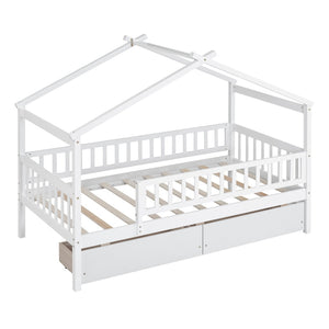 English Elm Twin House Bed Pine Wood Frame with Storage Drawers Kids Bedroom Playful Design WF302181AAK