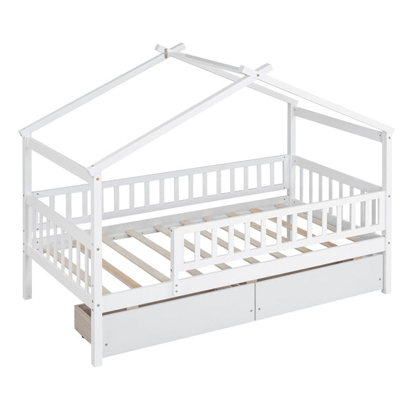English Elm Twin House Bed Pine Wood Frame with Storage Drawers Kids Bedroom Playful Design WF302181AAK