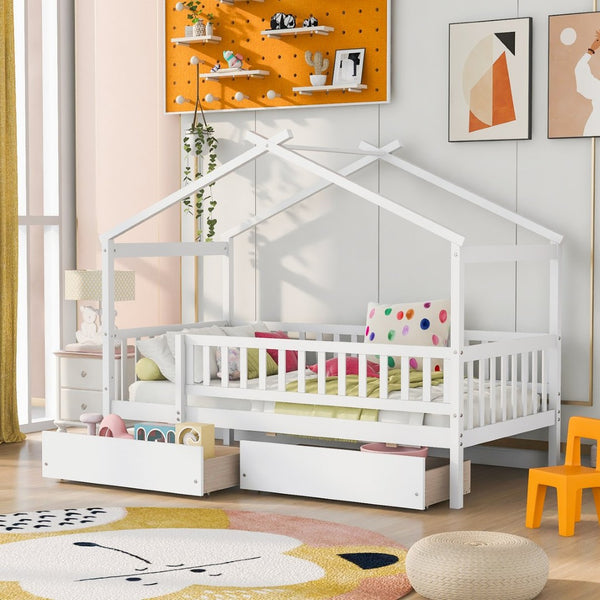 English Elm Twin House Bed Pine Wood Frame with Storage Drawers Kids Bedroom Playful Design WF302181AAK