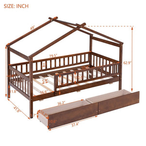 English Elm Twin House Bed Pine Wood Frame with Storage Drawers Kids Bedroom Playful Design Walnut WF302181AAL