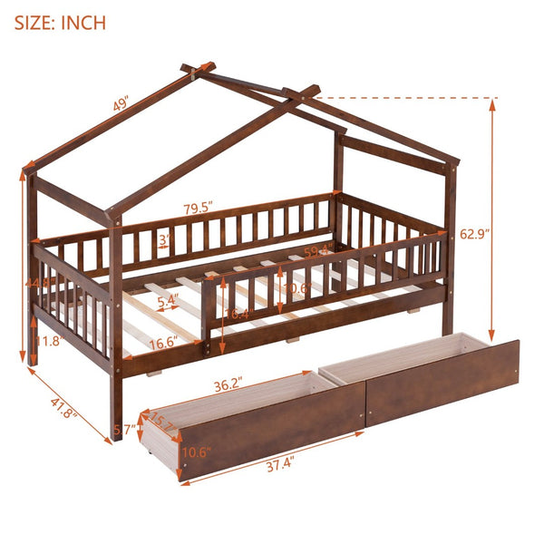 English Elm Twin House Bed Pine Wood Frame with Storage Drawers Kids Bedroom Playful Design Walnut WF302181AAL