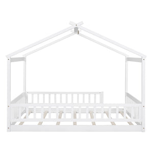 English Elm Full Size Pine Playhouse Bed with Roofline and Fence Rails for Kids Bedroom White WF302177AAK