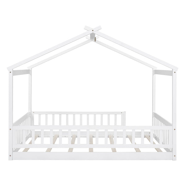 English Elm Full Size Pine Playhouse Bed with Roofline and Fence Rails for Kids Bedroom White WF302177AAK