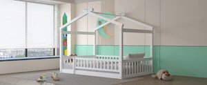 English Elm Full Size Pine Playhouse Bed with Roofline and Fence Rails for Kids Bedroom White WF302177AAK